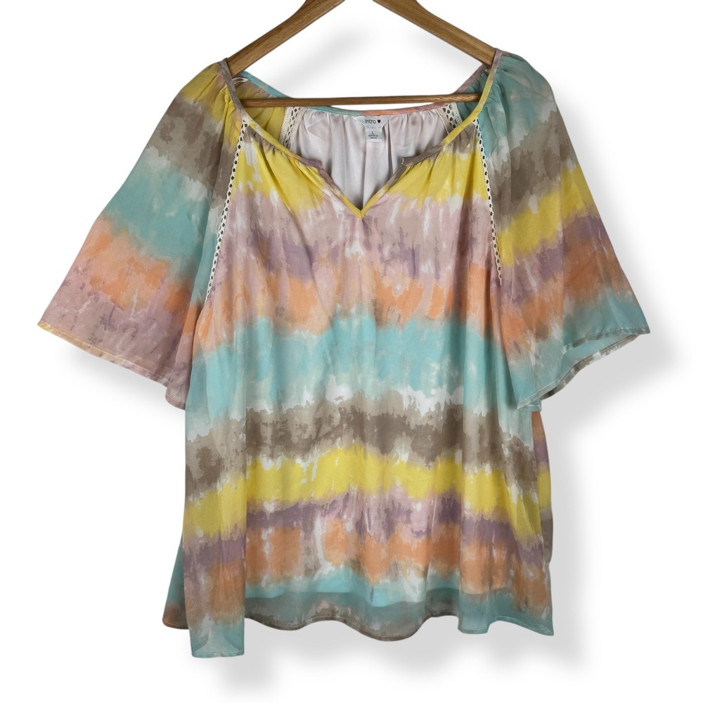 Chiffon Watercolor Top Womens Size Large Flowy Pastel Rainbow Flutter Sleeve